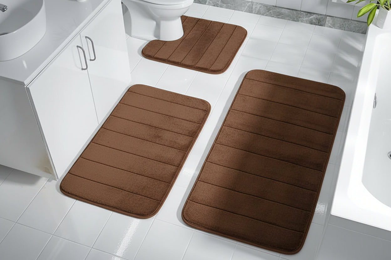 Memory Foam Bathroom Mat Set – 3 Piece Non-Slip Absorbent Bath Rug Set with U-Shaped Toilet Mat, Soft Quick-Dry Bathroom Floor Mats