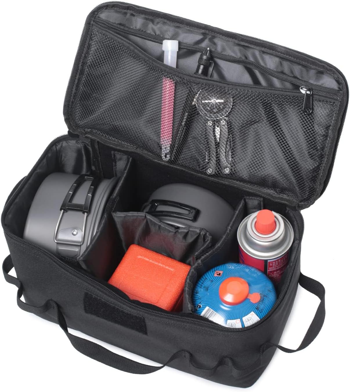 Tactical Utility Camping Tote – Heavy-Duty Cookware & Gas Tank Organizer – Modular Trunk Storage Bag with Adjustable Dividers & Shoulder Strap – Scratch-Resistant Travel Gear for Hiking & Camping