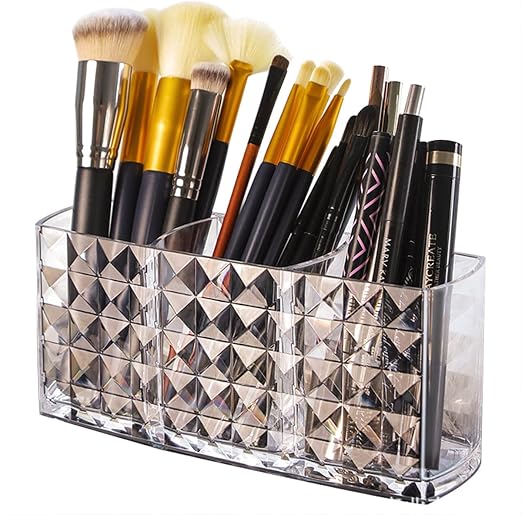 Transparent Acrylic Makeup Brush Holder Organizer – 3 Slot Cosmetic Storage for Makeup Brushes, Lipsticks, Eyeliners & Beauty Accessories