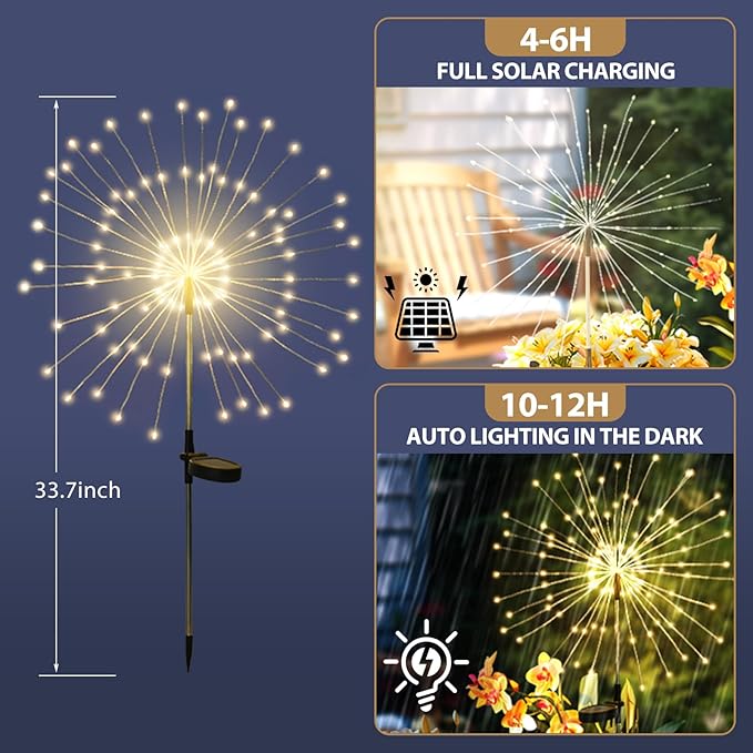 120 LED Solar Firework Garden Lights – Waterproof Outdoor Solar Stake Lights with 8 Lighting Modes for Garden, Patio, Pathway, Yard & Party Decorations