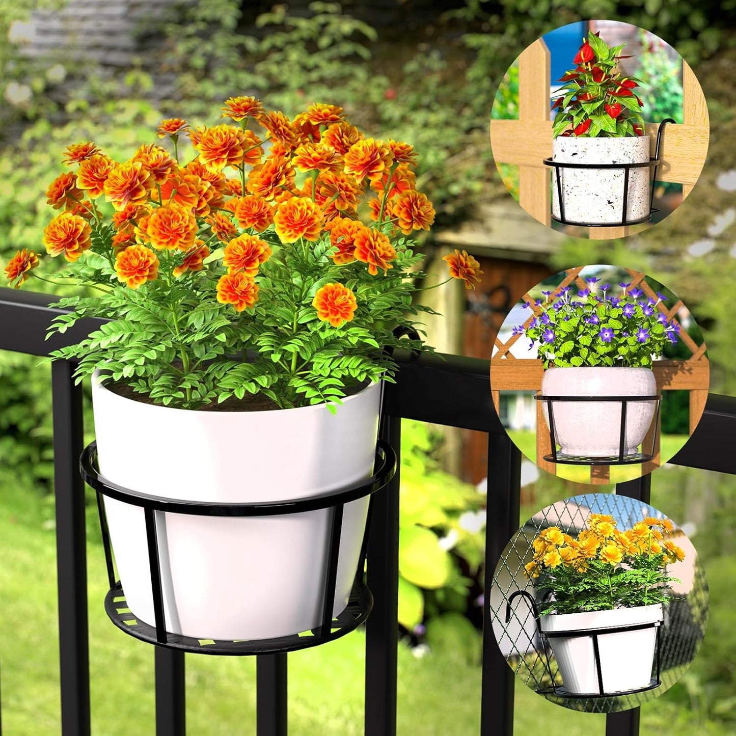 Iron Art Hanging Flower Pot – Metal Railing Plant Basket with Detachable Hooks – Balcony & Fence Planter for Indoor/Outdoor Use