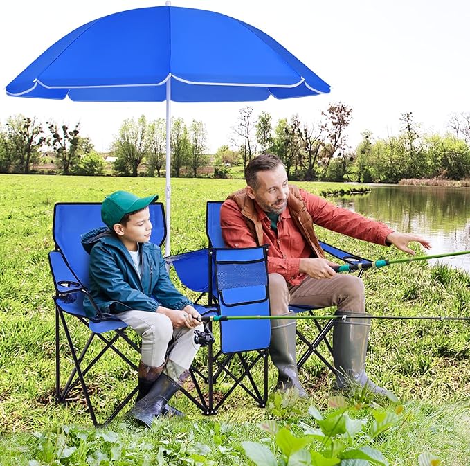Double Folding Camping Chair with Detachable Umbrella – Portable 2-Person Picnic Chair with Cooler Bag, Cup Holders & Side Pockets for Beach, Garden & Outdoor Camping
