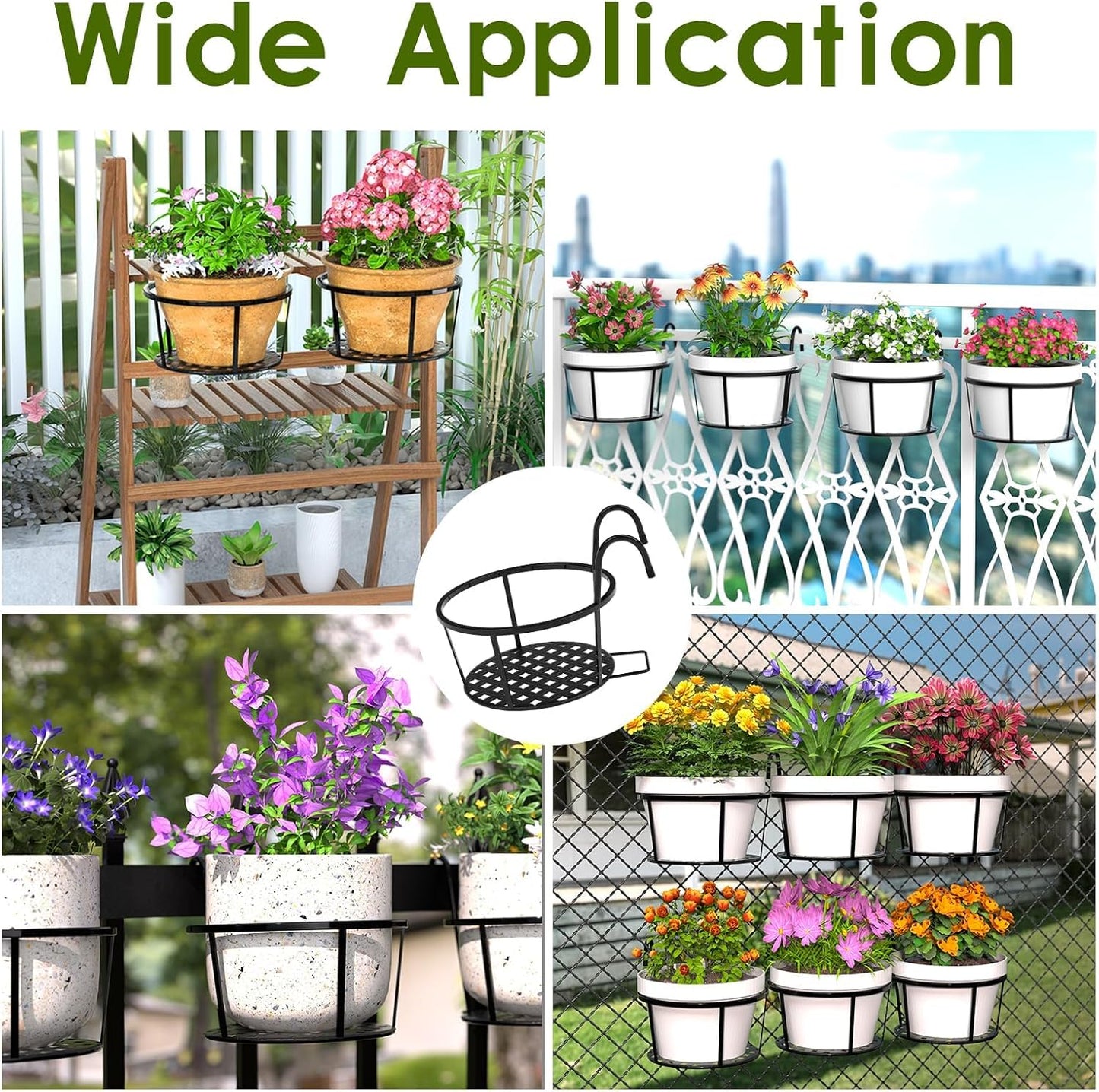 Iron Art Hanging Flower Pot – Metal Railing Plant Basket with Detachable Hooks – Balcony & Fence Planter for Indoor/Outdoor Use