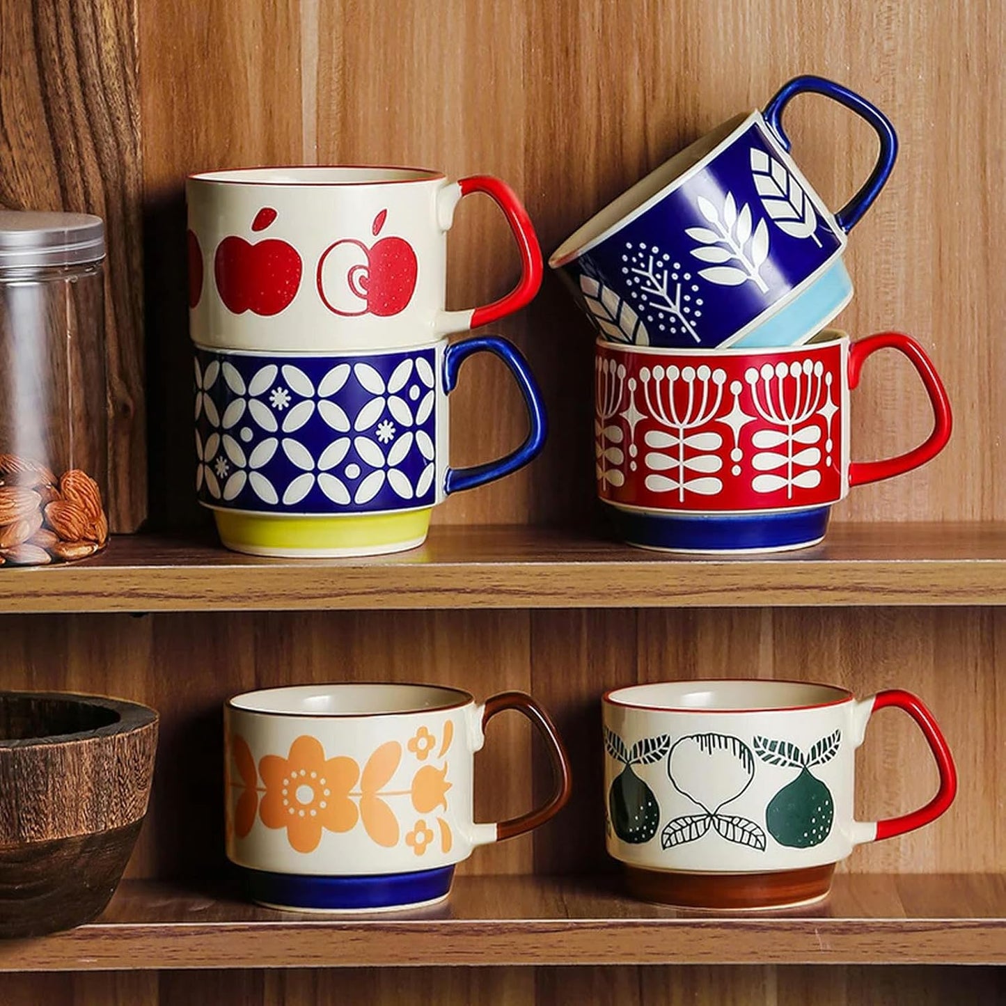 300ml Japanese Retro Floral Coffee Mug Set – Handcrafted Ceramic Oatmeal & Milk Cup – Vintage Flower Design Office Water Mug with Ergonomic Handgrip (300ml)
