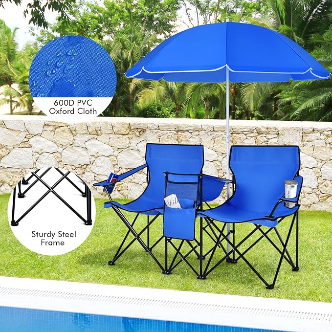 Double Folding Camping Chair with Detachable Umbrella – Portable 2-Person Picnic Chair with Cooler Bag, Cup Holders & Side Pockets for Beach, Garden & Outdoor Camping