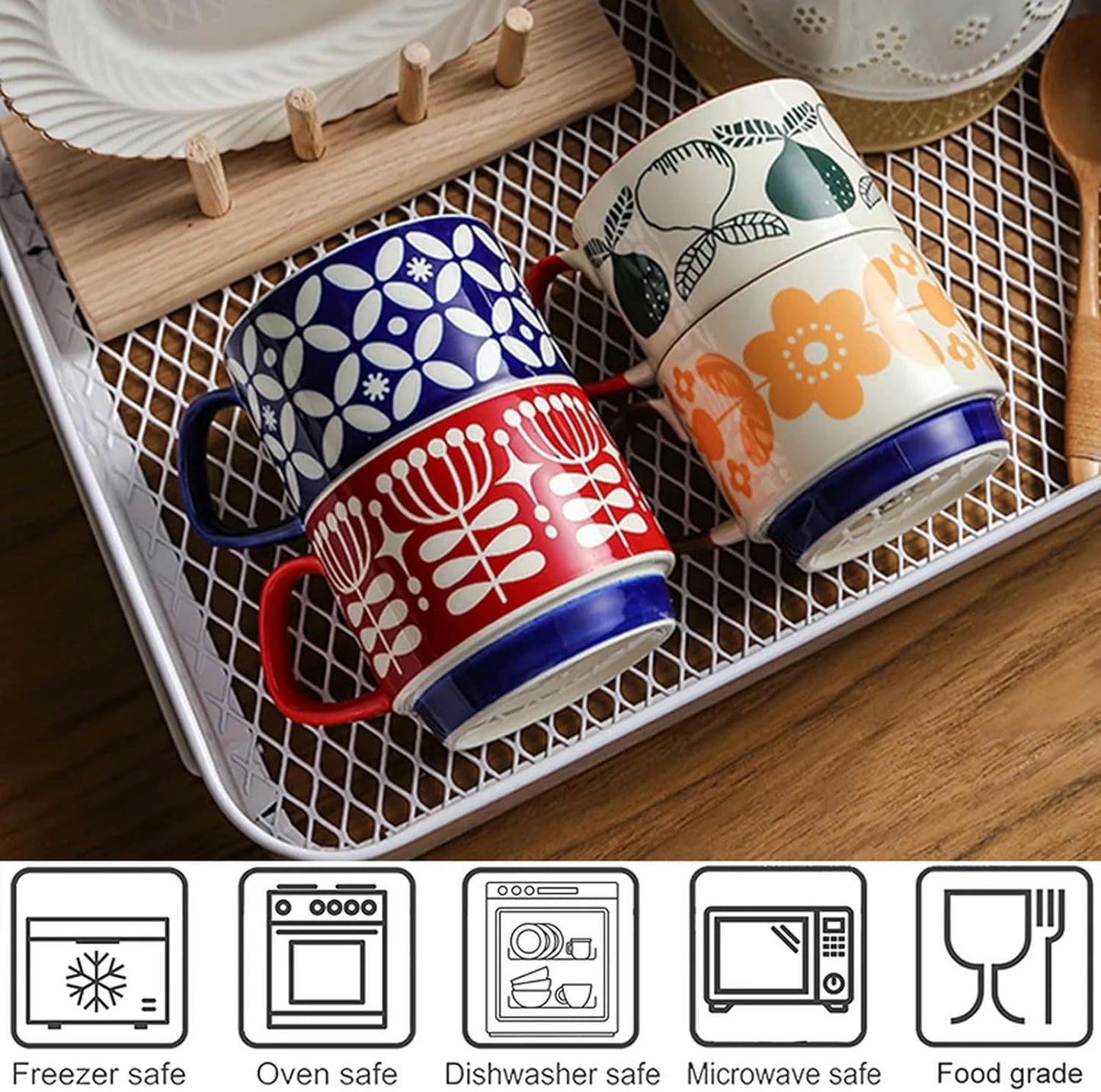 300ml Japanese Retro Floral Coffee Mug Set – Handcrafted Ceramic Oatmeal & Milk Cup – Vintage Flower Design Office Water Mug with Ergonomic Handgrip (300ml)