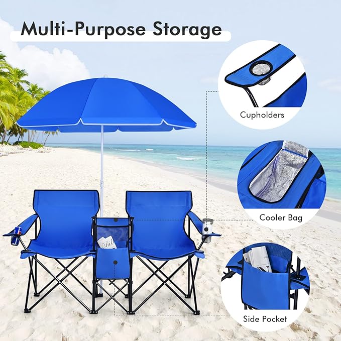 Double Folding Camping Chair with Detachable Umbrella – Portable 2-Person Picnic Chair with Cooler Bag, Cup Holders & Side Pockets for Beach, Garden & Outdoor Camping