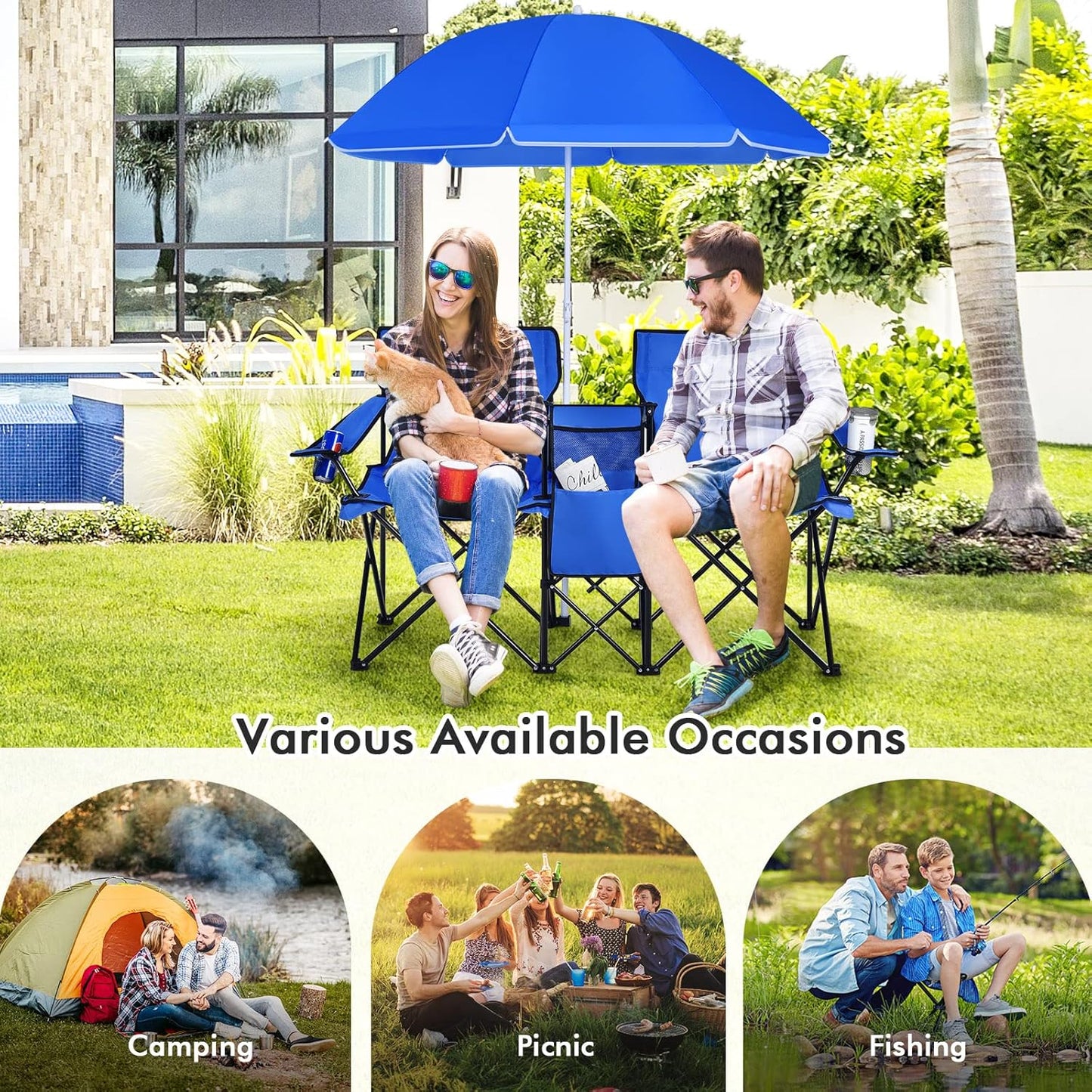 Double Folding Camping Chair with Detachable Umbrella – Portable 2-Person Picnic Chair with Cooler Bag, Cup Holders & Side Pockets for Beach, Garden & Outdoor Camping