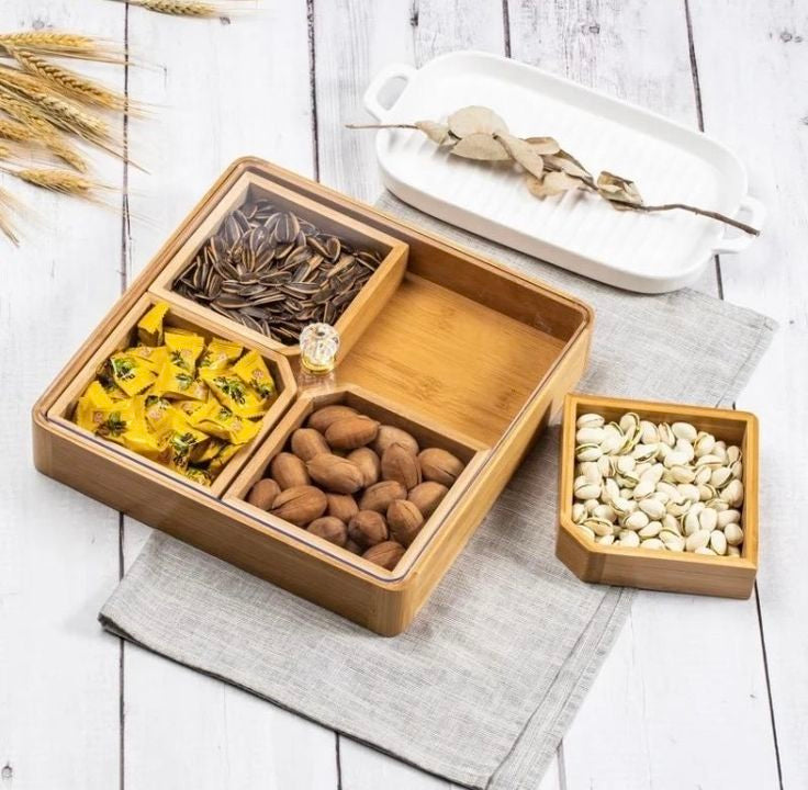 Luxury Bamboo Ramadan Date Box with Acrylic Lid | Islamic Eid Candy, Nuts & Dry Fruit Serving Tray | Elegant Home Decor Organizer
