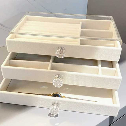 Acrylic & Velvet Jewelry Organizer with 3 Drawers – Stackable Display Storage Box for Earrings, Necklaces & Bracelets | Holder Case for Women