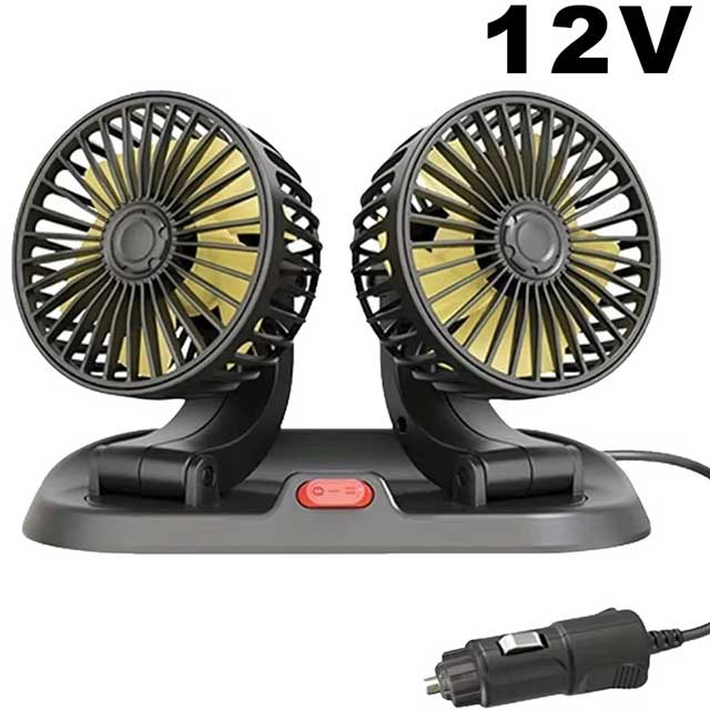 360° Adjustable Dual Head Car Fan – USB/12V Electric Cooling Fan with 2 Speeds | Silent Airflow for Car, Home, Desk & Office
