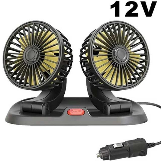 360° Adjustable Dual Head Car Fan – USB/12V Electric Cooling Fan with 2 Speeds | Silent Airflow for Car, Home, Desk & Office