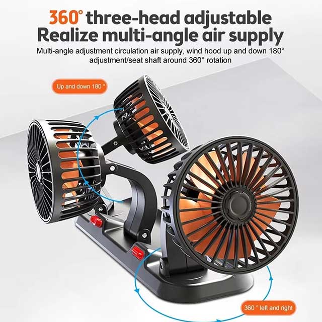 360° Adjustable Dual Head Car Fan – USB/12V Electric Cooling Fan with 2 Speeds | Silent Airflow for Car, Home, Desk & Office