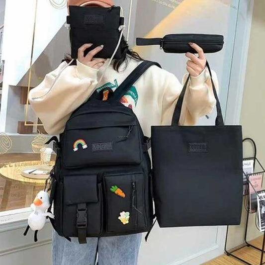 4 Pcs/Set Canvas School Bags Backpack – Durable, Stylish Backpack Set for Kids, Teens & Students