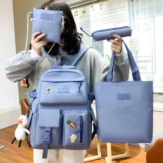 4 Pcs/Set Canvas School Bags Backpack – Durable, Stylish Backpack Set for Kids, Teens & Students