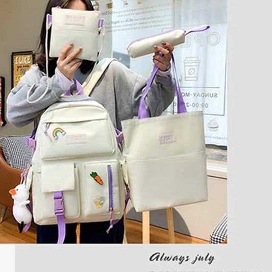 4 Pcs/Set Canvas School Bags Backpack – Durable, Stylish Backpack Set for Kids, Teens & Students