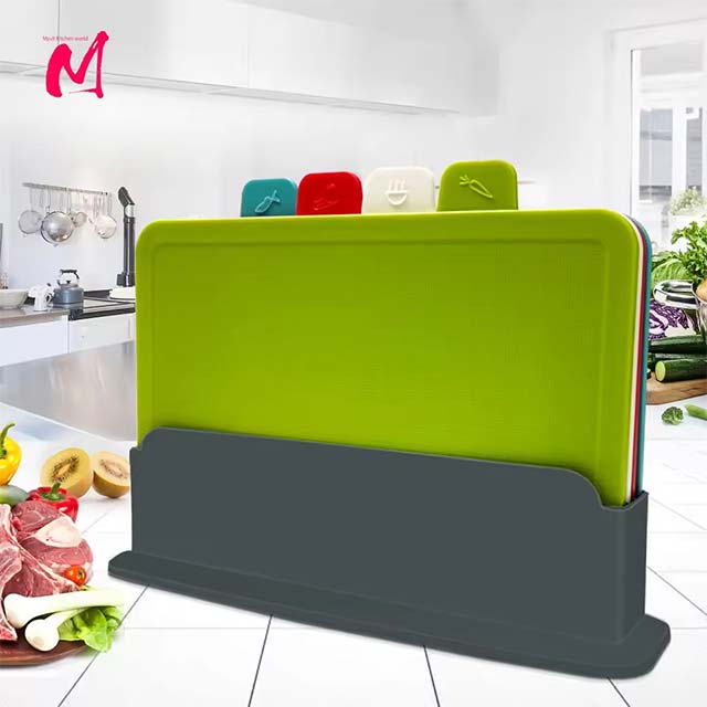 4-Piece Cutting Board Set with Holder – Anti-Bacterial, Dishwasher-Safe Plastic Chopping Blocks for Kitchen