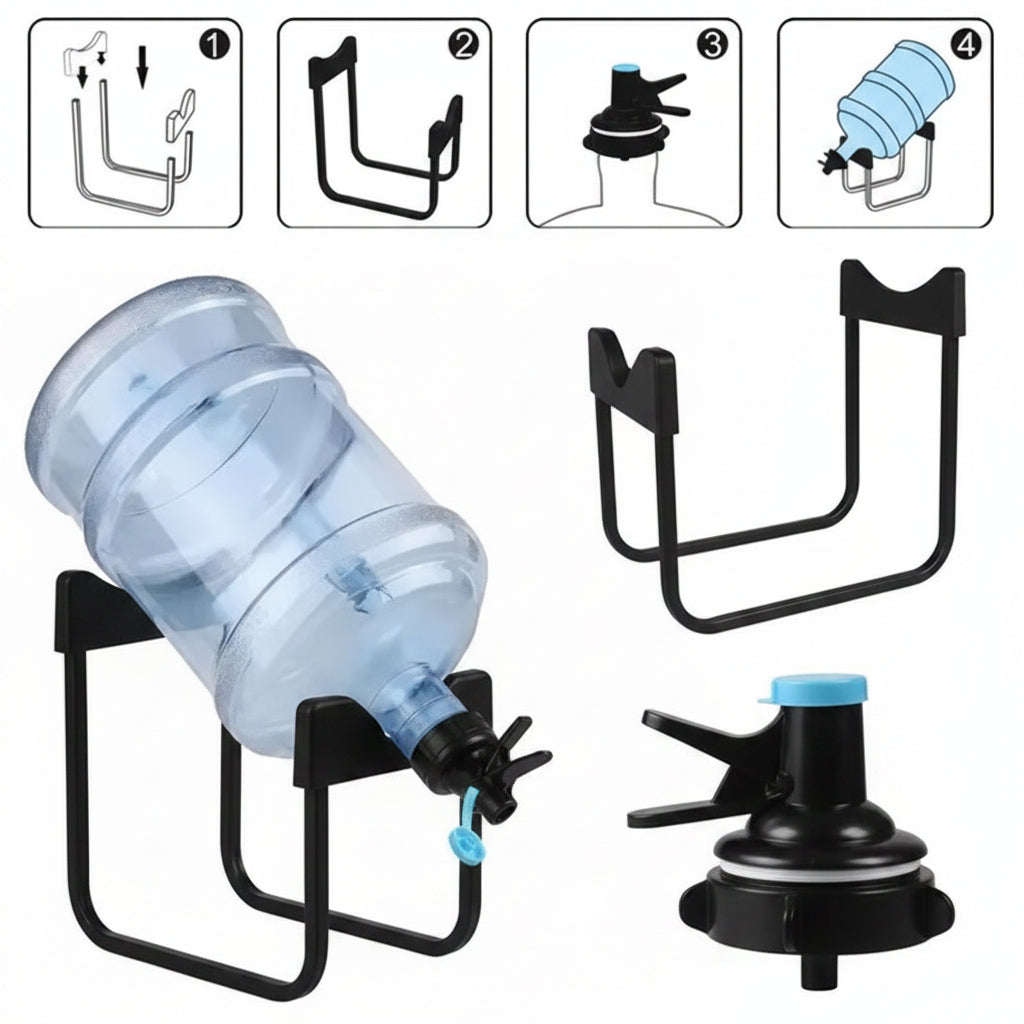 White Detachable Bottled Water Stand with Manual Dispenser Faucet – Folding Mineral Water Bucket Rack – Portable Heavy-Duty Water Jug Holder for Home & Office