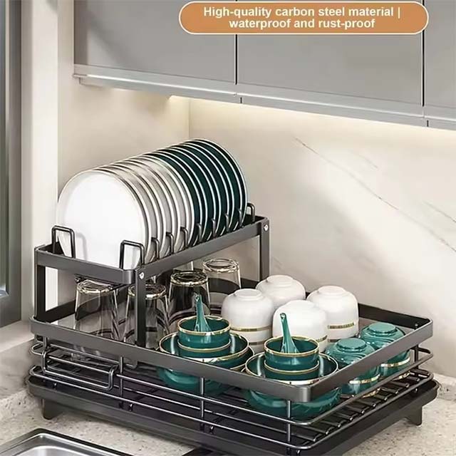 Adjustable Dish Drying Rack – Kitchen Plate Organizer with Drainboard for Over-Sink & Countertop Cutlery Storage