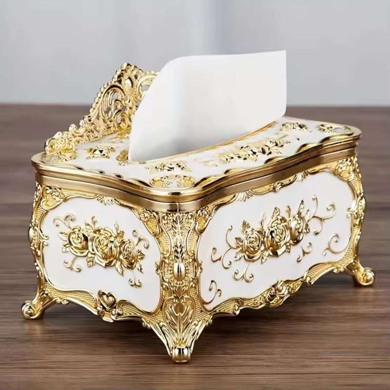 European Luxury Tissue Box Cover – High-End Hotel & Restaurant Napkin Organizer – Ornate Metallic Paper Extraction Case for Living Room – Premium Desktop Decor & Storage Box (Gold / Silver)