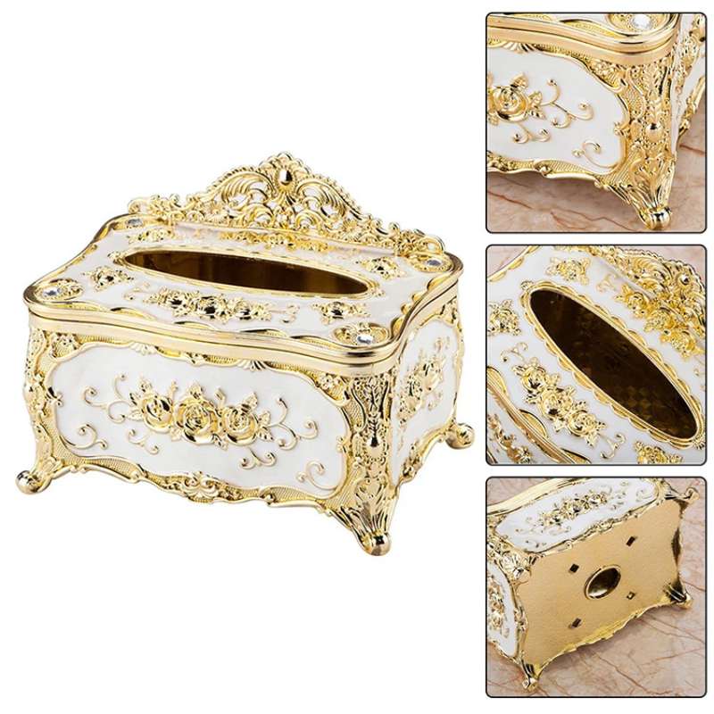 European Luxury Tissue Box Cover – High-End Hotel & Restaurant Napkin Organizer – Ornate Metallic Paper Extraction Case for Living Room – Premium Desktop Decor & Storage Box (Gold / Silver)