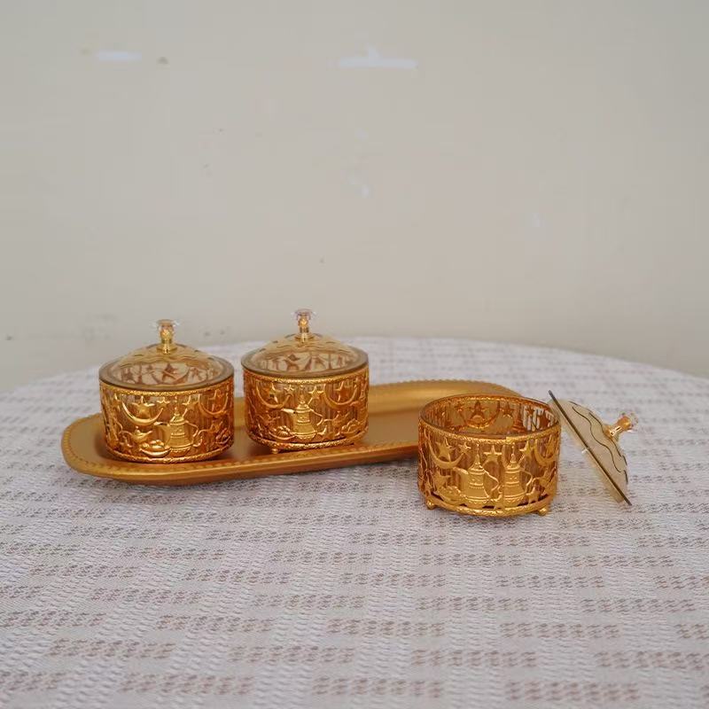 Luxury Arabic Golden Date Serving Set – 3-Piece Date & Candy Storage Bowls with Decorative Tray for Ramadan, Eid & Home Décor