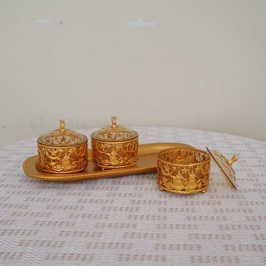 Luxury Arabic Golden Date Serving Set – 3-Piece Date & Candy Storage Bowls with Decorative Tray for Ramadan, Eid & Home Décor