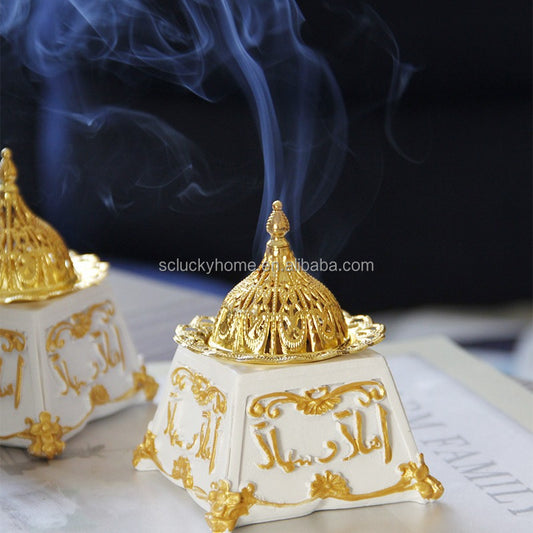 White Luxury Arabic Bakhoor Incense Burner – Vintage Oud & Incense Holder with Lid for Bakhoor, Charcoal & Incense Cones | Elegant Islamic Home Décor Gift
