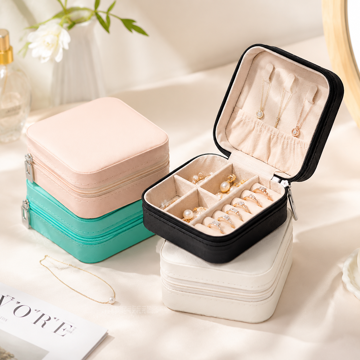 Travel Jewelry Organizer Case – Portable PU Leather Jewelry Box with Velvet Interior, Ring Holder, Necklace & Earring Storage, Zipper Travel Case