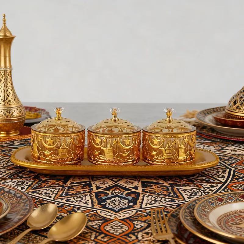 Luxury Arabic Golden Date Serving Set – 3-Piece Date & Candy Storage Bowls with Decorative Tray for Ramadan, Eid & Home Décor