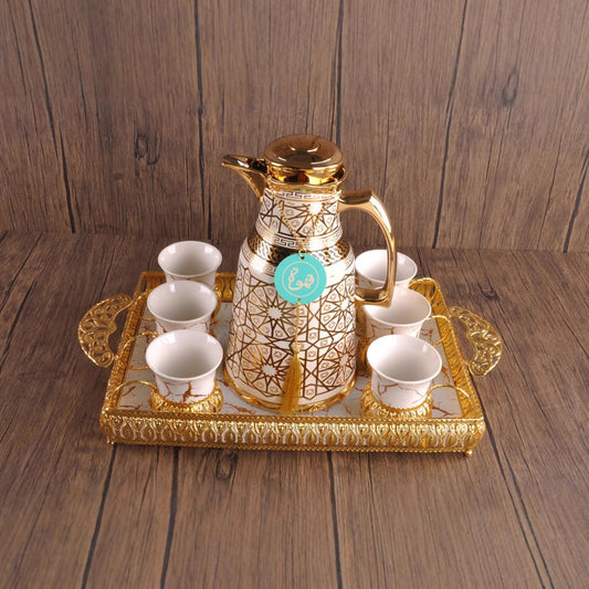 Luxury Arabic Coffee Thermos Set – 1L Double-Wall Glass Vacuum Flask with 6 Arabic Coffee Cups & Decorative Serving Tray