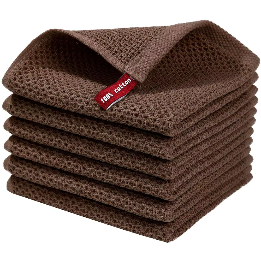 100% Cotton Waffle Weave Kitchen Towels – Eco-Friendly Honeycomb Dish Cloths for Cleaning, Drying & Household Use (Brown, White & Grey)