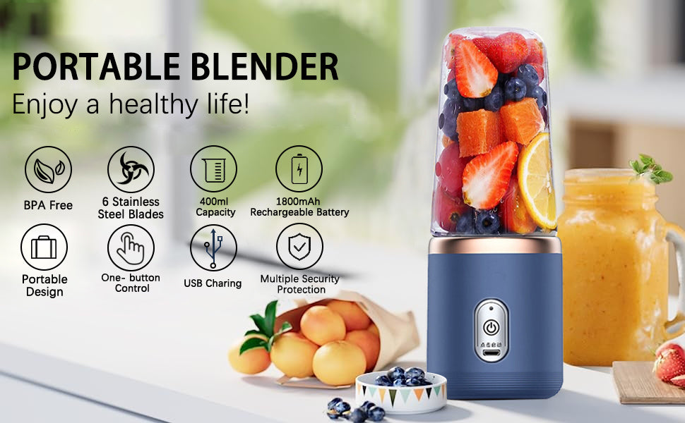 Portable Cordless Personal Blender – USB Rechargeable BPA-Free Smoothie & Fresh Juice Maker with Magnetic Safety Lock