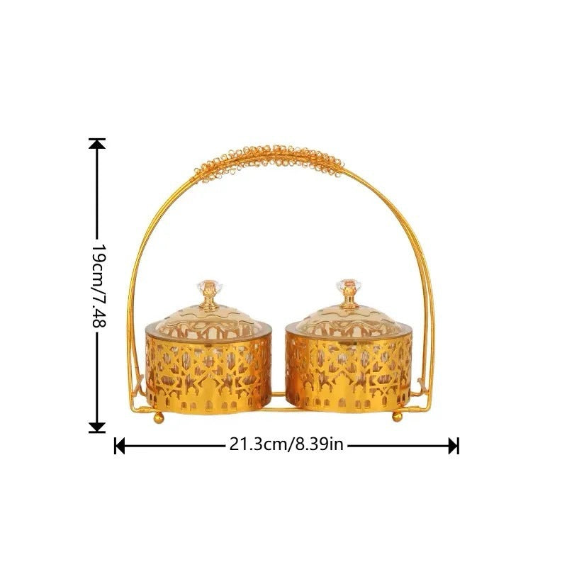 Arabic Double Date & Candy Serving Bowl with Handle – Luxury Gold Metal Snack Storage Container for Ramadan, Eid & Home Décor