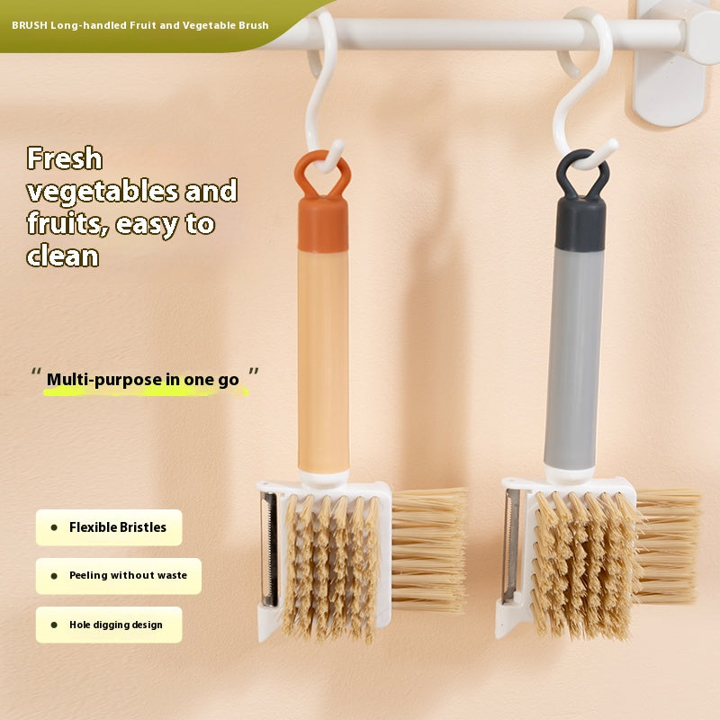 2-in-1 Fruit & Vegetable Cleaning Brush with Stainless Steel Peeler – Multifunction Produce Scrubber for Potatoes, Carrots, Cucumbers & More