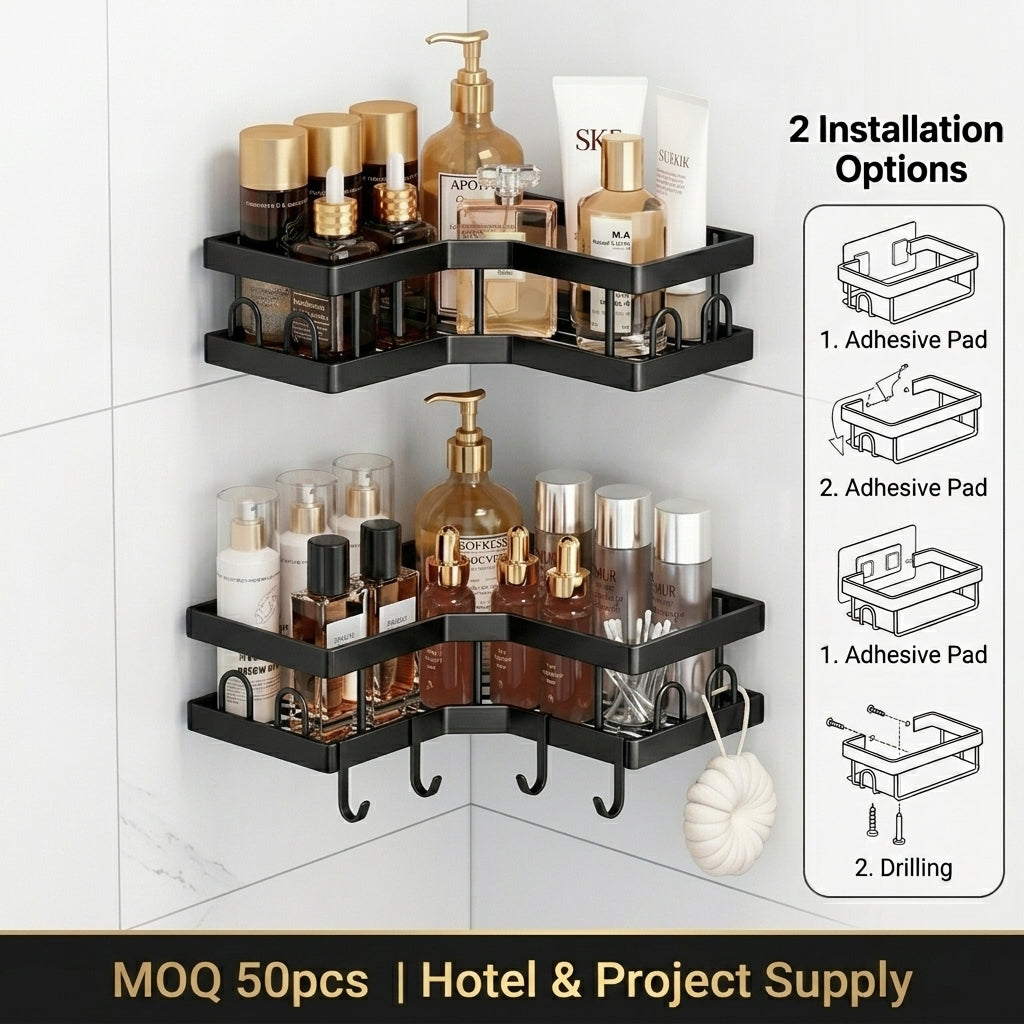 Carbon Steel Corner Shower Caddy Set – 2-Tier Bathroom Storage Shelves with Removable Hooks, Adhesive & Drill-Mount (3-Piece or 5-Piece Set)