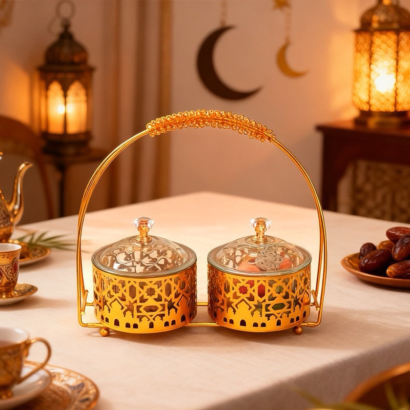 Arabic Double Date & Candy Serving Bowl with Handle – Luxury Gold Metal Snack Storage Container for Ramadan, Eid & Home Décor