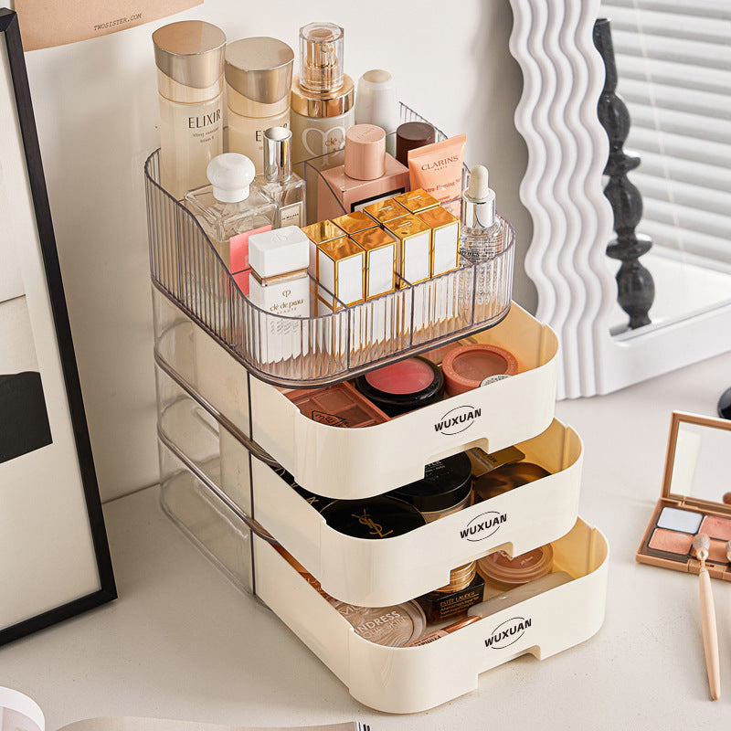 Stackable Desktop Storage Box with Drawer – Plastic Cosmetic Organizer for Makeup, Skincare, Lipsticks & Office Supplies