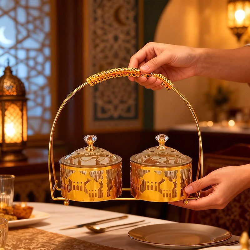 Arabic Double Date & Candy Serving Bowl with Handle – Luxury Gold Metal Snack Storage Container for Ramadan, Eid & Home Décor