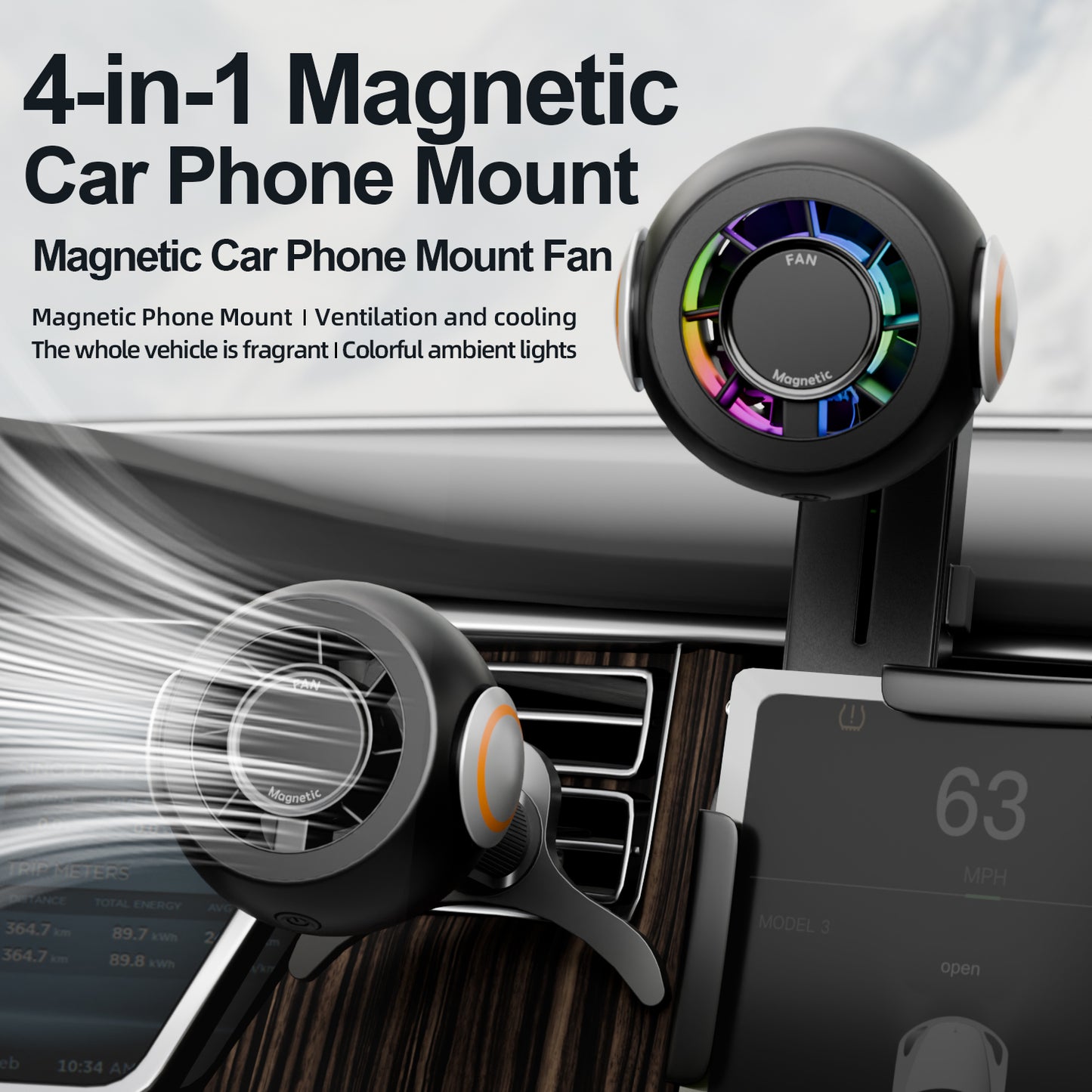 4-in-1 Magnetic Car Phone Holder with Cooling Fan – Magnetic Dashboard & Air Vent Mount with Aroma Diffuser, RGB Ambient Light & Portable Car Phone Stand