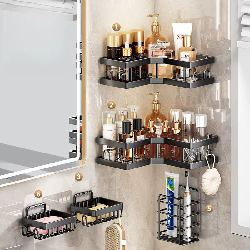 Carbon Steel Corner Shower Caddy Set – 2-Tier Bathroom Storage Shelves with Removable Hooks, Adhesive & Drill-Mount (3-Piece or 5-Piece Set)