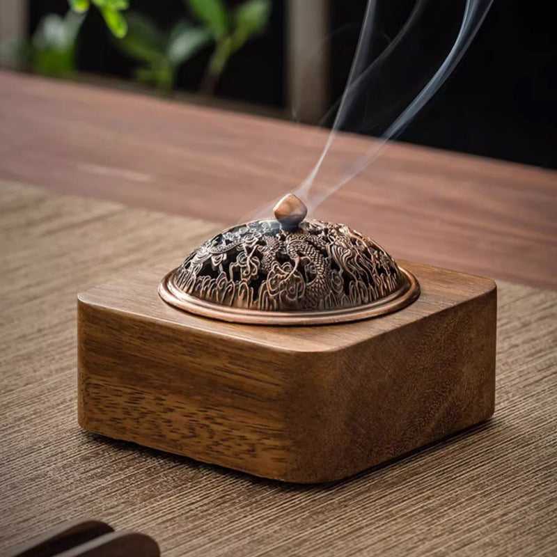 Luxury Wooden Incense Burner with Metal Lid | Chinese Style Sandalwood & Bakhoor Incense Holder for Home, Office, Meditation & Religious Use