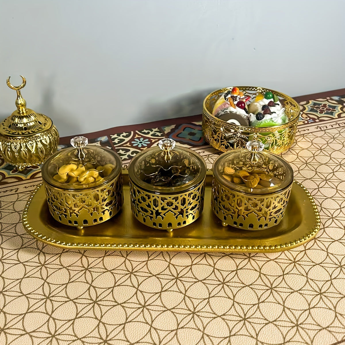 Luxury Gold Metal Date Serving Tray with 3 Lidded Bowls – Arabic Snack & Candy Organizer for Ramadan, Eid & Home Décor