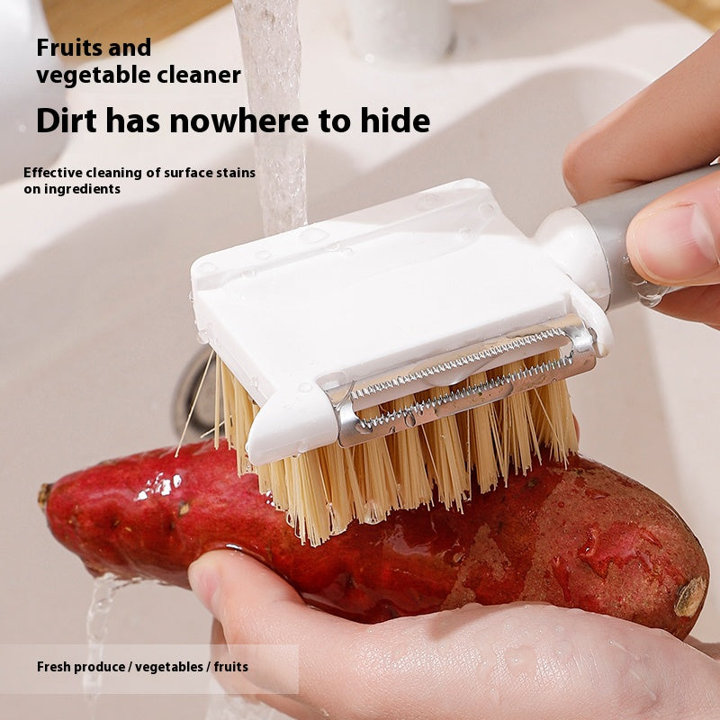 2-in-1 Fruit & Vegetable Cleaning Brush with Stainless Steel Peeler – Multifunction Produce Scrubber for Potatoes, Carrots, Cucumbers & More
