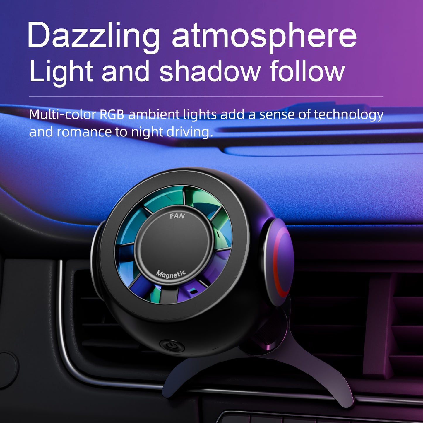 4-in-1 Magnetic Car Phone Holder with Cooling Fan – Magnetic Dashboard & Air Vent Mount with Aroma Diffuser, RGB Ambient Light & Portable Car Phone Stand