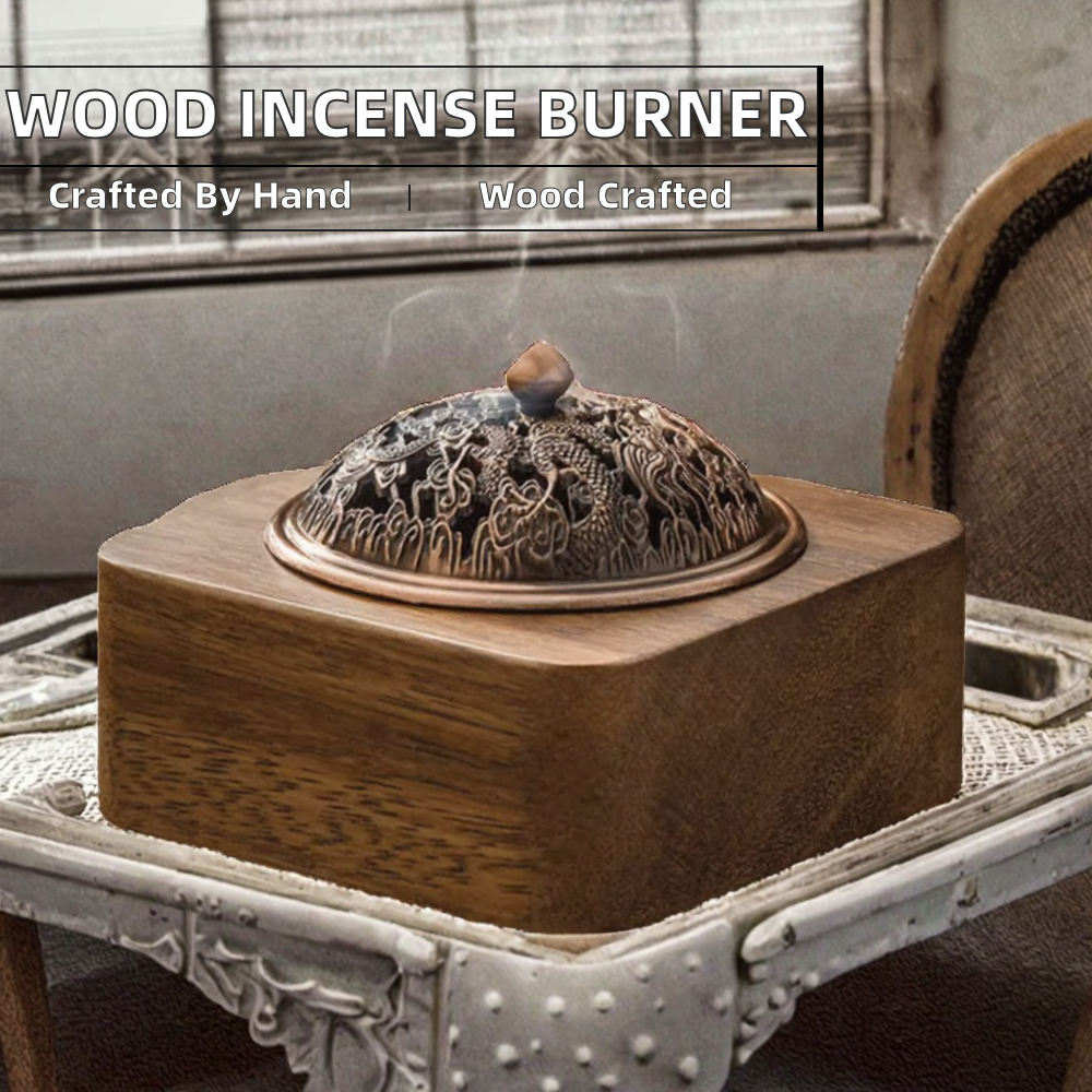 Luxury Wooden Incense Burner with Metal Lid | Chinese Style Sandalwood & Bakhoor Incense Holder for Home, Office, Meditation & Religious Use