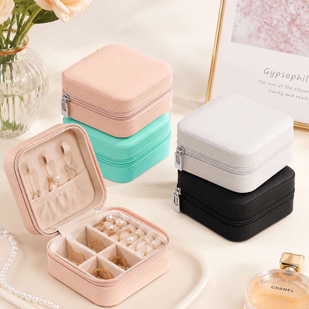 Travel Jewelry Organizer Case – Portable PU Leather Jewelry Box with Velvet Interior, Ring Holder, Necklace & Earring Storage, Zipper Travel Case