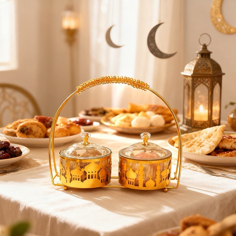Arabic Double Date & Candy Serving Bowl with Handle – Luxury Gold Metal Snack Storage Container for Ramadan, Eid & Home Décor