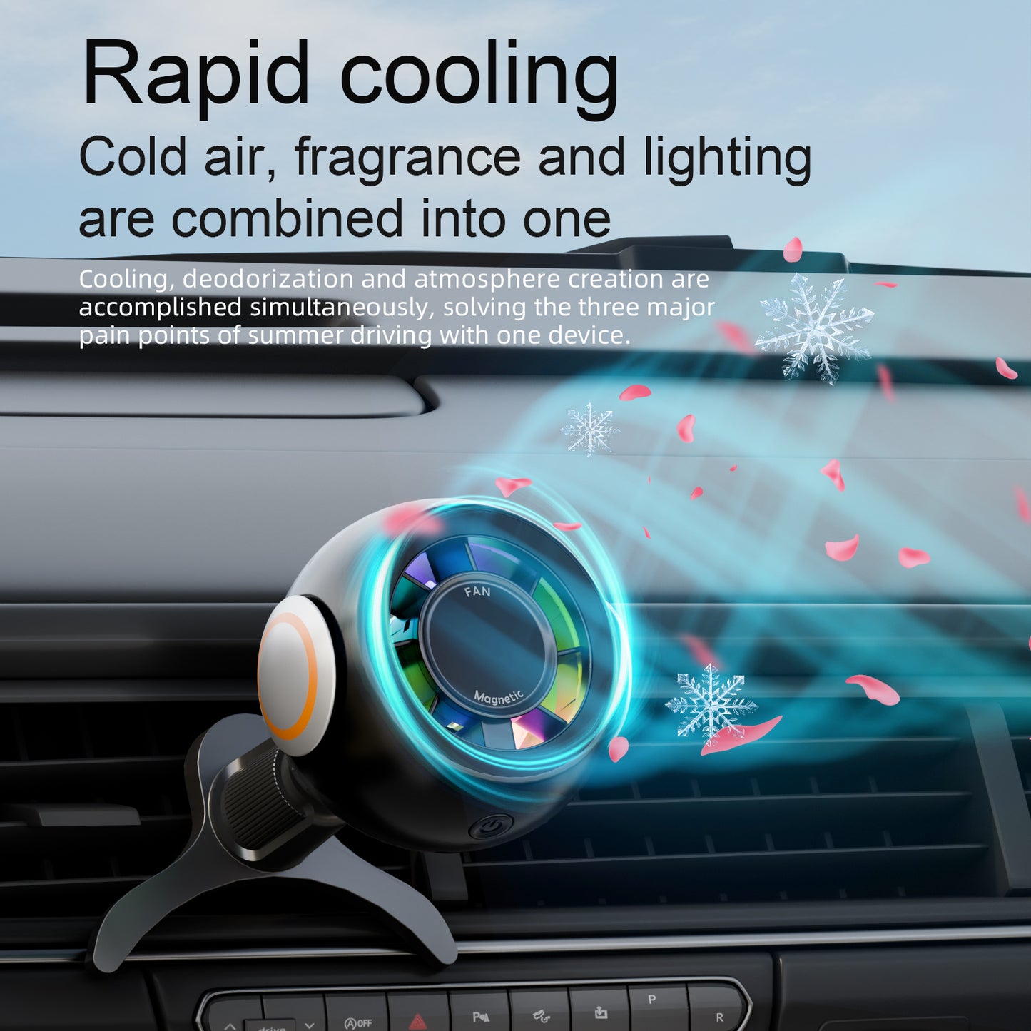 4-in-1 Magnetic Car Phone Holder with Cooling Fan – Magnetic Dashboard & Air Vent Mount with Aroma Diffuser, RGB Ambient Light & Portable Car Phone Stand