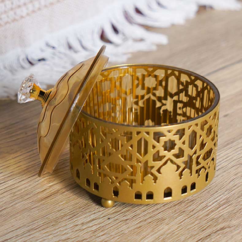 Luxury Gold Metal Date Serving Tray with 3 Lidded Bowls – Arabic Snack & Candy Organizer for Ramadan, Eid & Home Décor